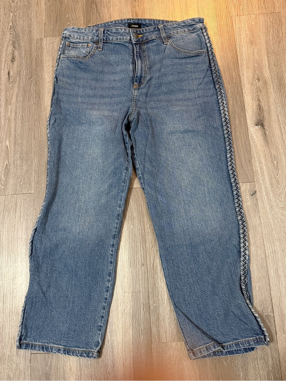 Express Relaxed Blue Jeans with Unique Modern Braided Side Trim size 14